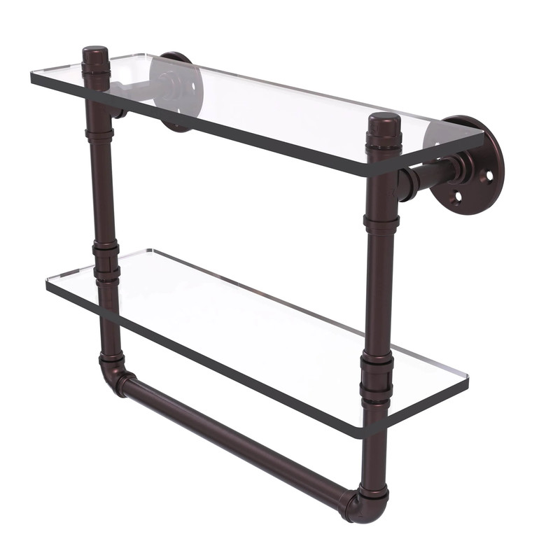 16" Double Glass Shelf with Towel Bar, Antique Bronze Finish